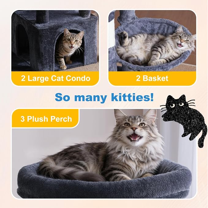 Hey-brother Cat Tree Tower with Tiered Padded Platforms, Condos, MPJ084G | 67.3 Inches Multi-Level Cat House with 9 Sisal Scratching Posts, 2 Plush Hammocks, Toy Ball for Indoor Multi-Cats, Smoky Gray