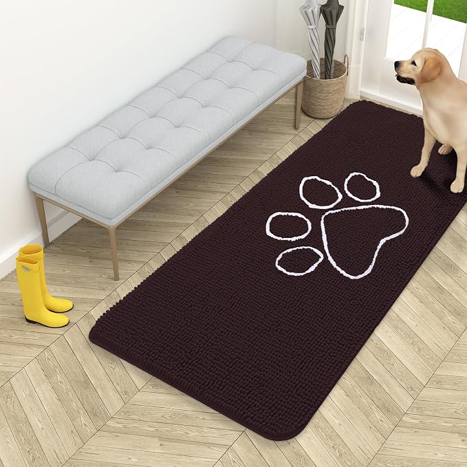 OLANLY Dog Door Mat for Muddy Paws 54x24, Paw Print Design Chenille Mud Mat | Brown, Absorbent, Traps Moisture and Dirt, Non-Slip Washable Doormat, Quick-Drying Indoor Entryway Floor Carpet for Dogs
