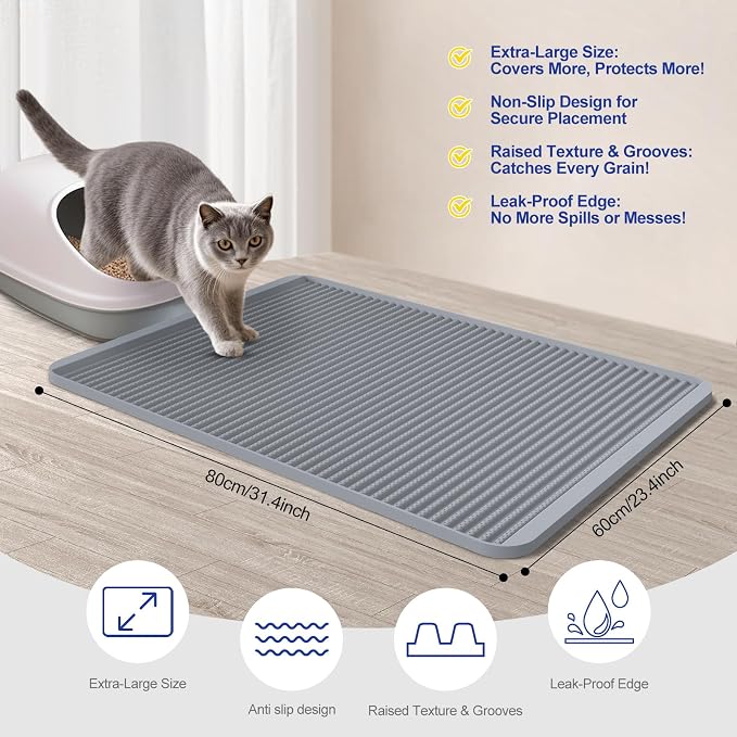 Filmicy Silicone Cat Litter Mat - 31' x 23' Waterproof Large Kitty Mat, Non-Slip, Durable, Easy Clean & Washable Cat Litter Tray Mat for Scatter Control