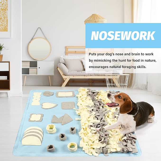 Snuffle Mat for Dogs: Slow Food Interactive Experience - 7 Enrichment Foraging Games for Large Dog Owners Needing to Burn Pet Energy - Washable 1000 Times - 38x38 inch - Blue