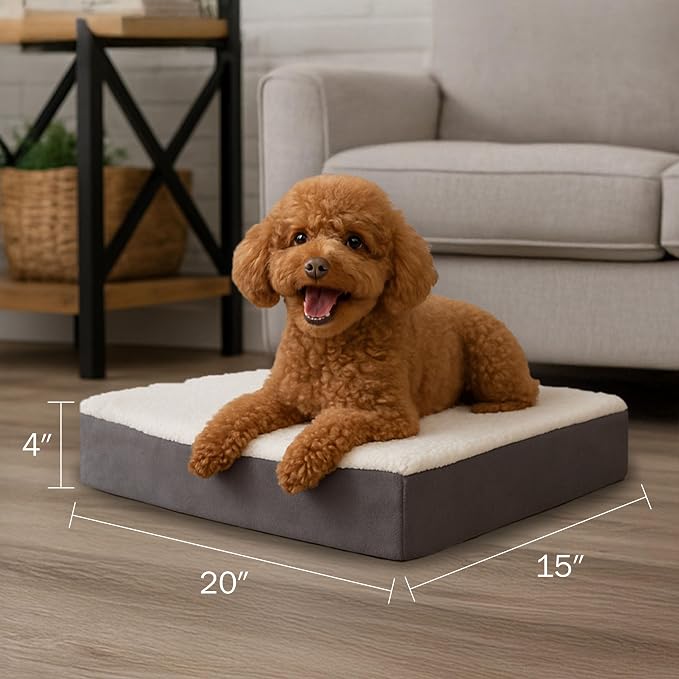 Orthopedic Dog Bed - 2-Layer Memory Foam Crate Mat with Machine Washable Sherpa Cover - 20x15 Pet Bed for Small Dogs Up to 20lbs by PETMAKER (Gray)
