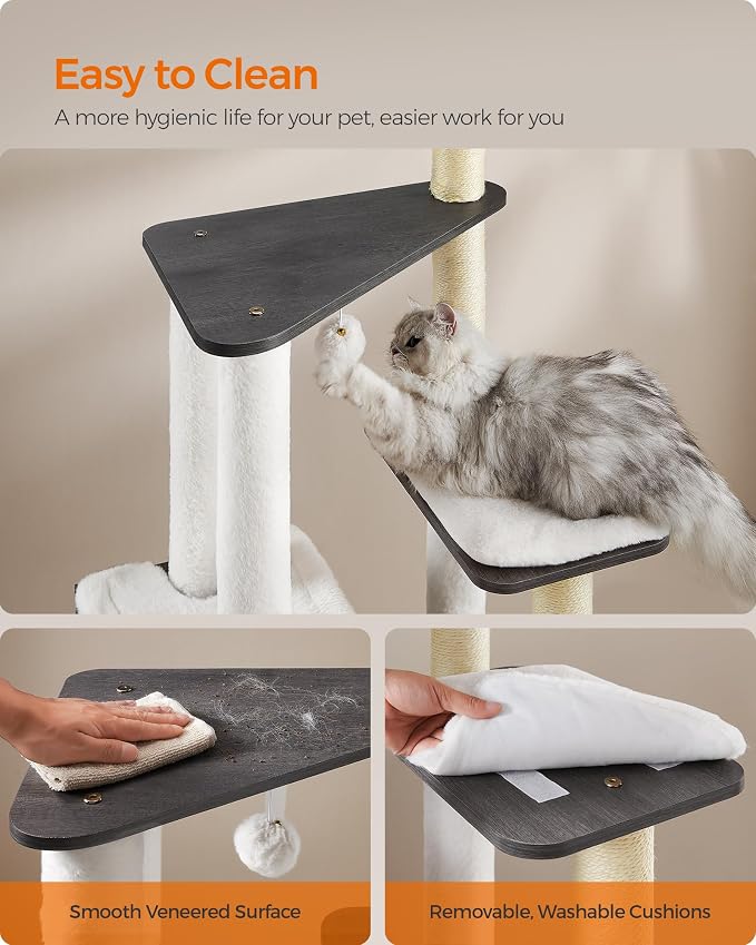 Feandrea Cat Tree, 65-Inch Multi-Level Tower with 5 Scratching Posts | Modern Cat Condo for Indoor Cats, Perch, Washable Removable Cushions, Misty Gray, CAEN Collection UPCT166G03