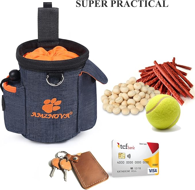 AMZNOVA Dog Treat Pouch Treatnow Dog Treat Bag, 3 Cups, Heather Navy | Training Pouch with Waist Belt & Clicker for Training & Walking, Waist Clip On Snack Fanny Pack for Pet