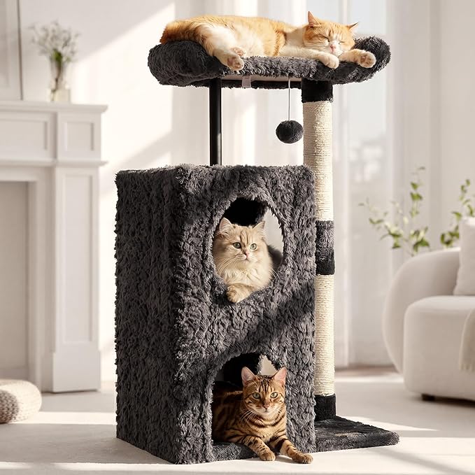 FUKUMARU Cat Tree, 36.2in Luxury Plush Cat Tower with Two Caves, Multi-Level Cat Condo with Sisal Scratching Post, Adult Cat Tree Towers for Indoor Cats with Top Perch, Medium Heavy Duty Kitten House