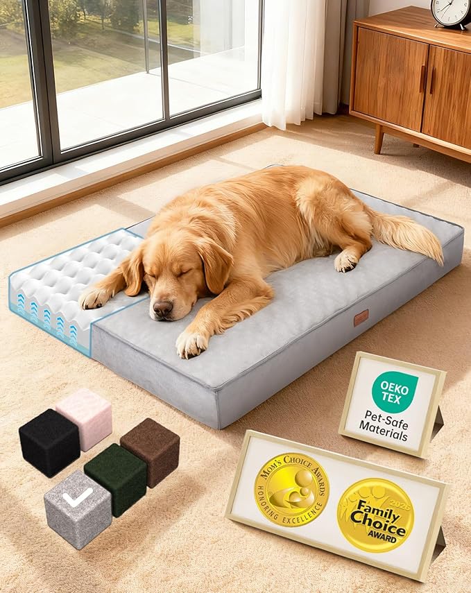 OhGeni Orthopedic Waterproof Dog Bed for Extra Large Dogs, Machine-Washable Removable Cover in Easy-Clean Fabric, Reversible Memory Foam & Easy-Carry Handle, Suitable for Crate, 41 inch (Gray)