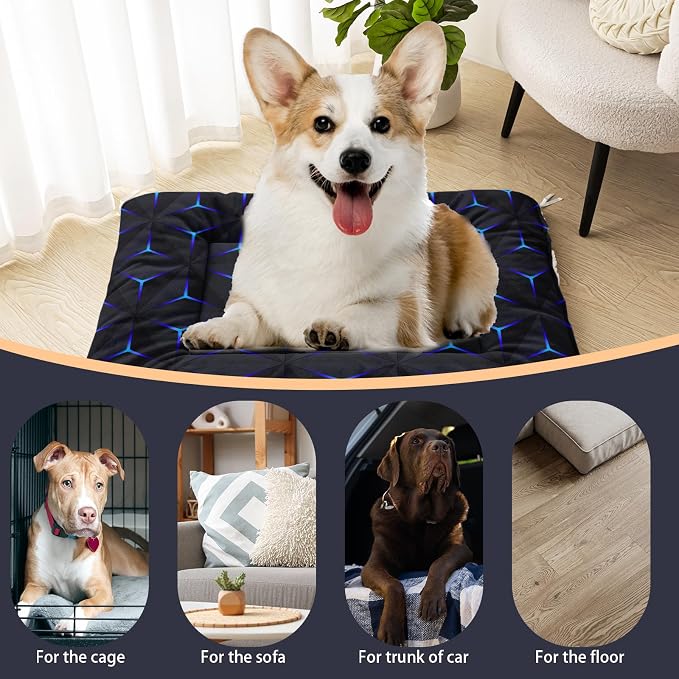 HOSIMA Geometry Print Pet Bed Mat,Fuzzy Crate Pads for Dog Cages,Washable Soft Cozy Sleeping Mat,Plush Black Pad Suitable for Small Dog Bed,30L*26W Inch.