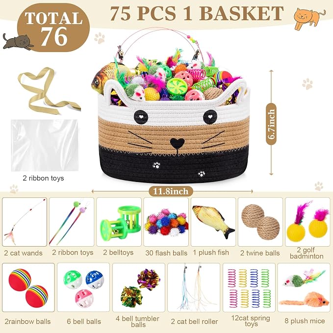 Zopeal 76 Pcs Cat Storage Basket Gift Toys Set Interactive Cat Toys Kitten Wand Colorful Flashing Balls Pet Crinkle Balls Attract Kitten to Swat, Hunt for Pet Indoor(White,Coffee,Black)