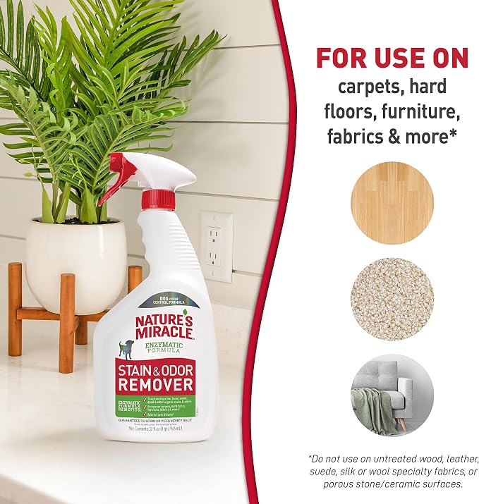 Nature’s Miracle Dog Stain & Odor Remover, Enzymatic Cleaner, 32 oz | Tough on Dog Urine, Feces, Vomit, Drool and Other Organic Stains and Odors, For Multiple Surfaces, Fresh Scent