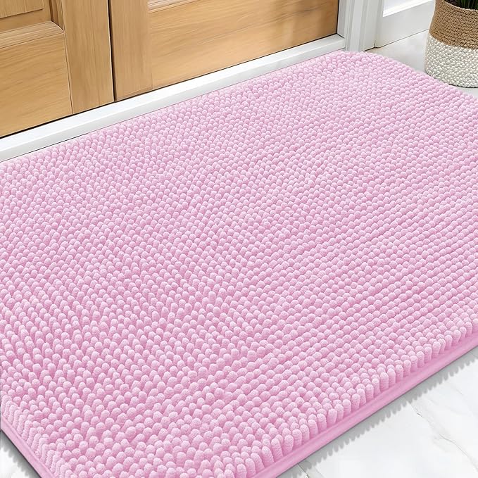 OLANLY Dog Door Mat for Muddy Paws 30x20, Super Absorbent Chenille Mud Mat | Pink, Absorbs Moisture and Dirt, Non-Slip Machine Washable Doormat, Quick-Drying Indoor Entryway Floor Carpet for Dogs