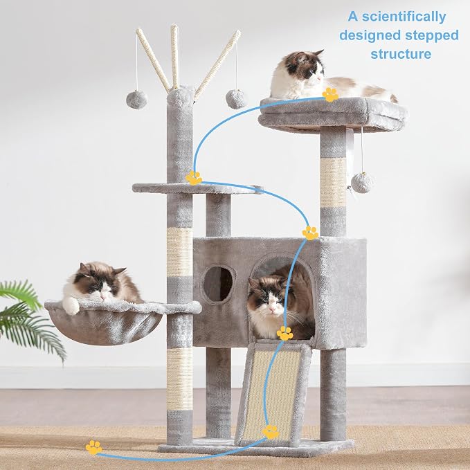 Hey-brother Cat Tree Tower with Removable Toys, Scratching Posts, MPJ008SW | 41.3 Inches Plush Cozy Condo with Platform, Hammock, Sisal Scratch Board and Ball for Indoor Cats, Light Gray