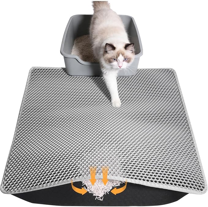 Cat Litter Mat 24"x15", Double Layer Waterproof Litterbox Mat, Gray | Non-slip backing, washable for easy cleanup, traps stray litter with waterproof honeycomb large grid that is urine-proof.