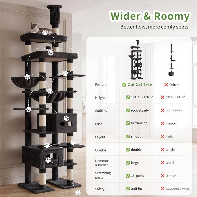 Heybly Floor to Ceiling Cat Tree, 104.7"-116.5" Height-Adjustable HCT92G | Expanded Wide Cat Climbing Tower with Wide Perch, 2 Spacious Cat Condos & 15 Scratching Posts for Indoor Cats, Smoky Gray