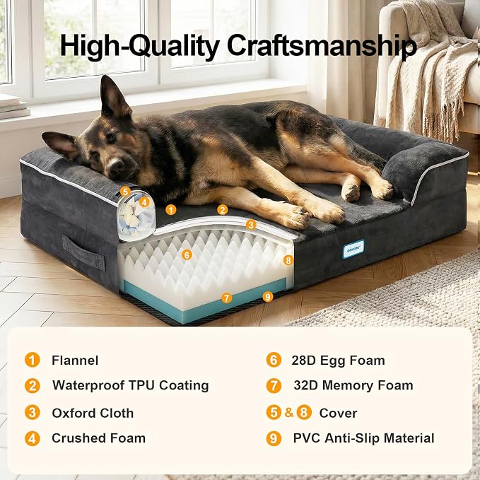 OhGeni Orthopedic Dog Bed Couch Big Cat Sofa for Extra Large Sized Pets with Memory Foam, Machine-Washable Waterproof Removable Cover, Soft Comfortable Fabric, 44-inch (Black)