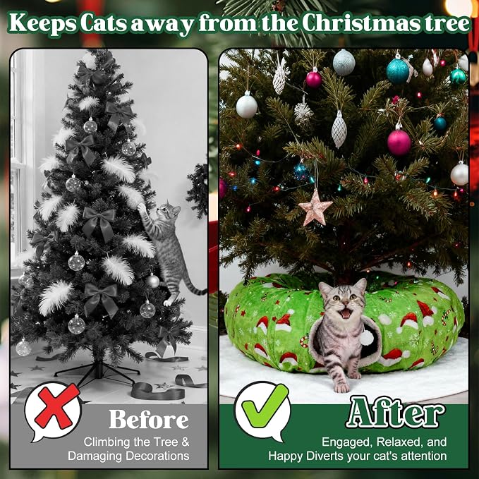 Christmas Cat Tunnel Tree Skirt – Warm Flannel Donut Tunnel Bed with Soft Cushion & Hanging Ball Toy, Peekaboo Cat Cave Under Tree for Indoor Cats to Prevent Christmas Tree Falling, Festive Green