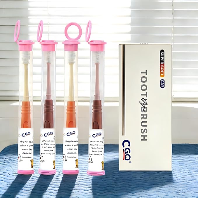 CGO 360° Silicone Pet Toothbrush - Dog Toothbrush for Small Dogs & Cats, 4-Pack Round Head, Extra Soft Bristles, Dental Cleaning and Oral Hygiene for Puppies and Kittens (2 Orange, 2 Brown)