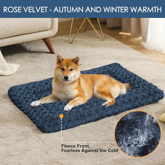 Washable Dog Bed Plush Orthopedic Outdoor Crate Mat with Non-Slip Bottom,Luxe Soft Kennel Pad for Pets, Cozy Cage Cushion & Pet Sleeping Mattress Large Sized,Medium,Small Dogs,36 x 24 inch,Blue