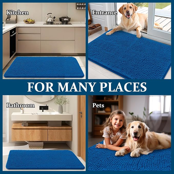 OLANLY Dog Door Mat for Muddy Paws 34x21, Super Absorbent Chenille Mud Mat | Deep Navy Blue, Absorbs Moisture and Dirt, Non-Slip Machine Washable Doormat, Quick-Dry Indoor Entryway Floor Carpet for Dogs