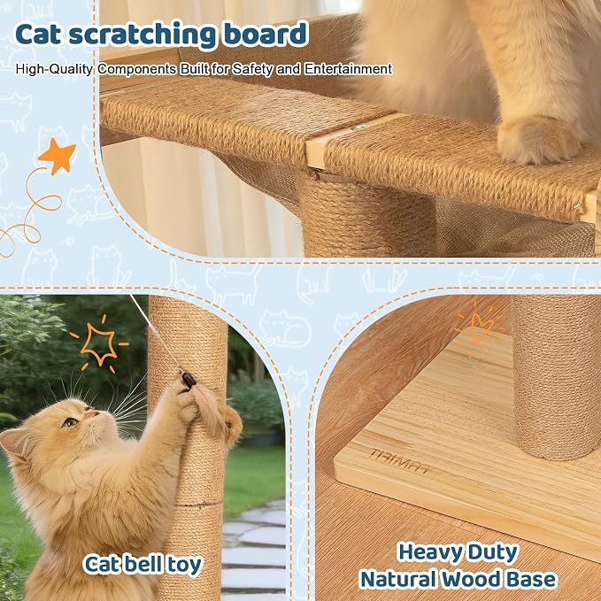 Cat Window Perch Hammock with 3-Piece Detachable Sisal Scratching Posts, Drill-Free Suction Cup Mount, Multi-Level Climbing Perch for Bird Watching, 45 LBS Capacity