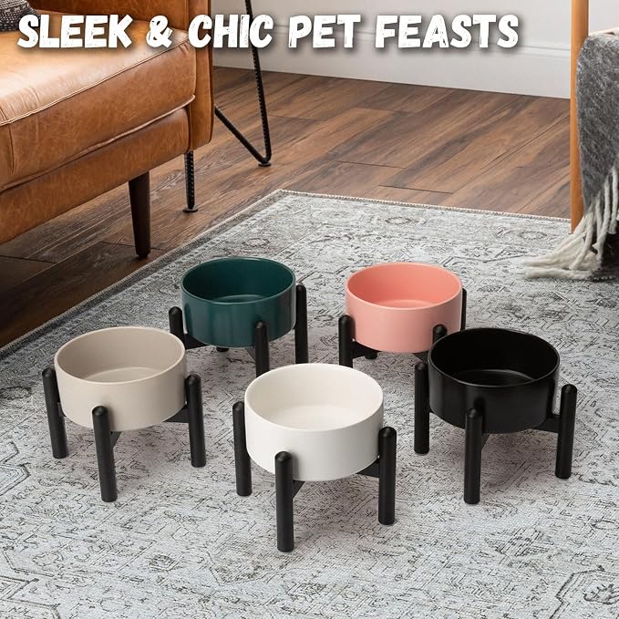 Raised Ceramic Dog Bowl, 6.1'' Modern Feeding Bowl with Non-Slip Stainless Steel Stand, Elevated Food or Water Dish for Small to Medium Dogs, 2 Cups (28.75 fl oz) - White