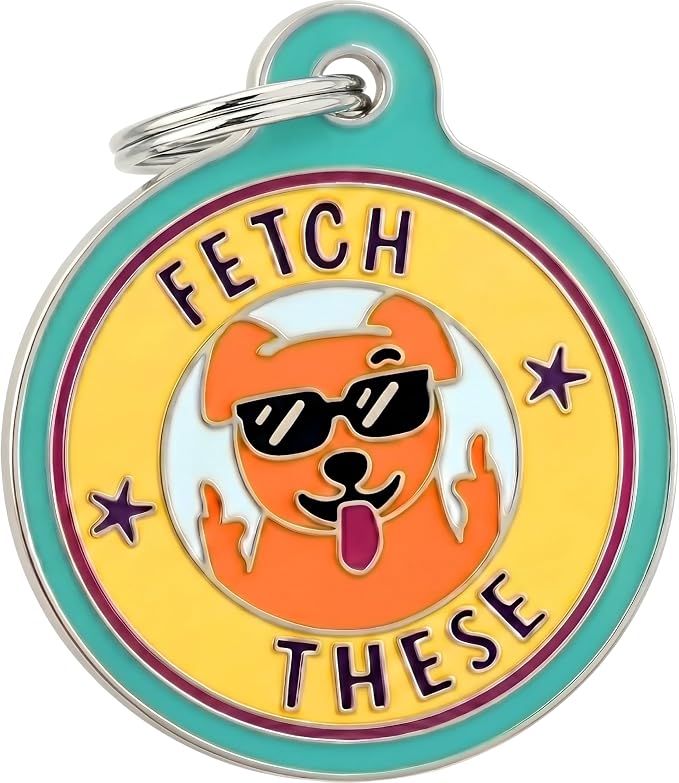 Bad Tags Personalized Dog and Cat ID Tags in 25+ Designs and 2 Sizes - 5 Lines of Custom Engraved Text - Funny Cute Personalized Pet Tags (Fetch These, Small (1 inch))