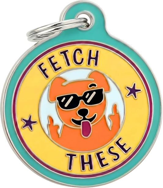 Bad Tags Personalized Dog and Cat ID Tags in 25+ Designs and 2 Sizes - 5 Lines of Custom Engraved Text - Funny Cute Personalized Pet Tags (Fetch These, Small (1 inch))