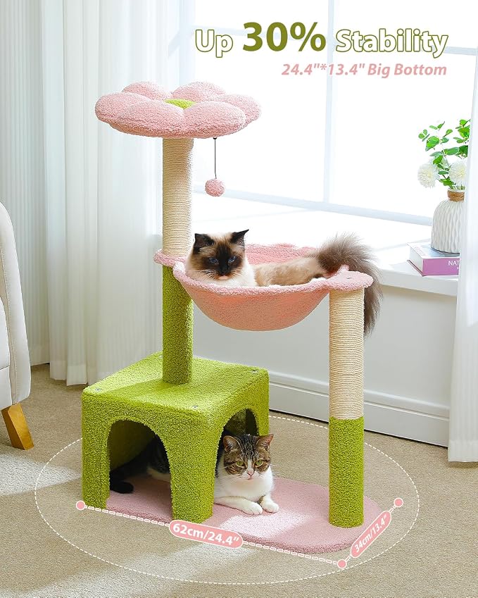 PEQULTI Flower Cat Tree, 36.6" Pink Cat Tower with Sisal Scratching Posts for Indoor Cats, Large Hammock, Condo and Pink Top Perch for Kittens, Fluffy Ball, Blue