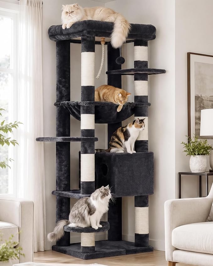Heybly Cat Tree for Large Cats, 20lbs Heavy Duty, 60 inches HCT050G | Cat Tower for Indoor Cats with Big Padded Plush Perch, Multi-Level Furniture Condo with Cozy Basket, Smoky Gray