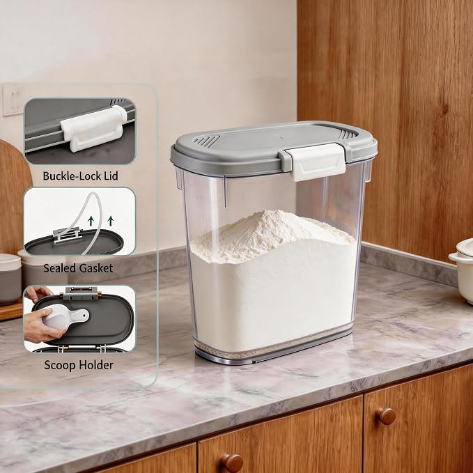 Rice Storage Container 15-20 Lbs, Tall Flour Bin Container with Scoop, Cup | Slim Dry Food Container Storage Bin for Cereal, Sugar, Beans, Pet, Dog, Cat Food, Kitchen and Pantry Storage Organization