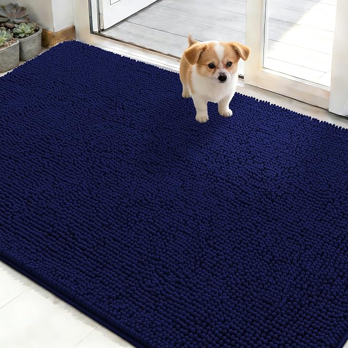 OLANLY Dog Door Mat for Muddy Paws 48x30, Super Absorbent Chenille Mud Mat | Navy Blue, Absorbs Moisture and Dirt, Non-Slip Machine Washable Doormat, Quick-Drying Indoor Entryway Floor Carpet for Dogs