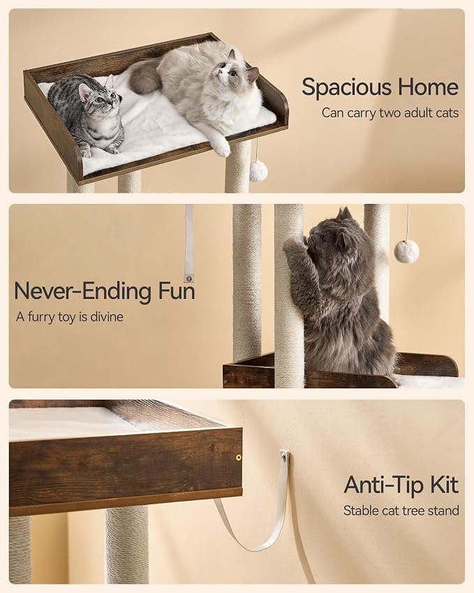 43.7" Cat Tree, Modern Cat Tree Tower, Cat Tower for Indoor Cats Large Adult, Cat Condo with Scratching Post, Large Perch and Removable Pads,Rustic Brown