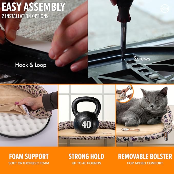 K&H Cat Window Perch, Deluxe Bolster Kitty Sill, 24x14in, Tan/Kitty Print | Cat Window Hammock Bed, Orthopedic Window Bed Holds 40 lbs, Washable Cover, Indoor Windowsill Furniture