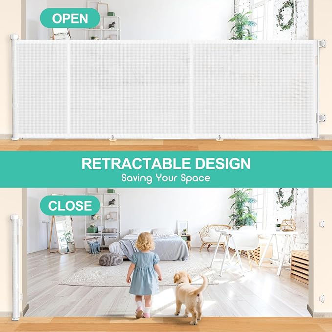 196 Inch Retractable Baby Gates Extra Wide, 41 Inch Reinforced Extra Tall Gate for Large Openings, Mesh Safety Gate for Kids Pets, Retractable Dog Gate for Pool Garages Doorway Indoor Outdoor, White