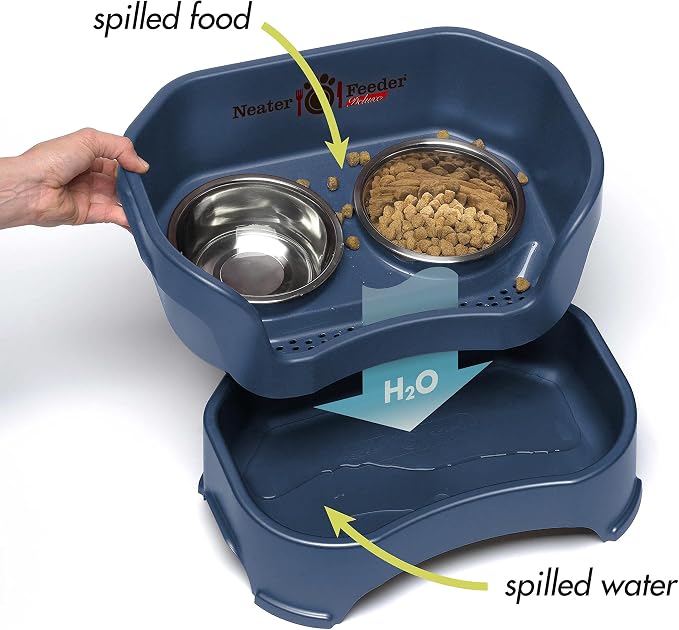 Neater Pet Brands Neater Feeder Deluxe Mess Proof Cat Bowls Elevated, Made in USA, No Spill Raised Bowls for Indoor Cats, Stainless Steel Food and Water Bowl Set, Pet Dish Feeding Station, Dark Blue