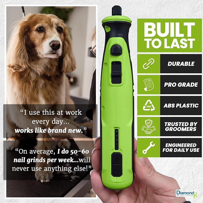 Diamondg Cordless Dog Nail Grinder - Quiet Sound with LED Light, Green | 5-Speed Rechargeable Pet Nail Trimmer for Small & Large Dogs, USB-C Charging, 4hrs. Runtime, Painless Dog Nail Grinding Kit