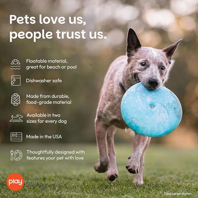 P.L.A.Y. Cute Outdoor Dog Toys - ZoomieRex InfiniDisc Rubber Frisbee, Great for Puppies & Small, Medium, Large Dogs - Dishwasher Safe, Lightweight, Floats in Water, Beach Friendly (Blue, Small)