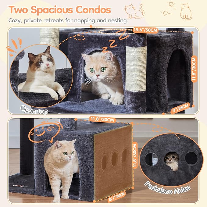Taoqimiao 71in Cat Tree, Heavy Duty Large Cat Tower for Indoor Cats MS050G | Extra Wide Sturdy Base, Tall Multi-level, 7 Sisal Scratching Posts, 2 Houses, 2-Post Supported Baskets, 2 Perches, Smoke Gray