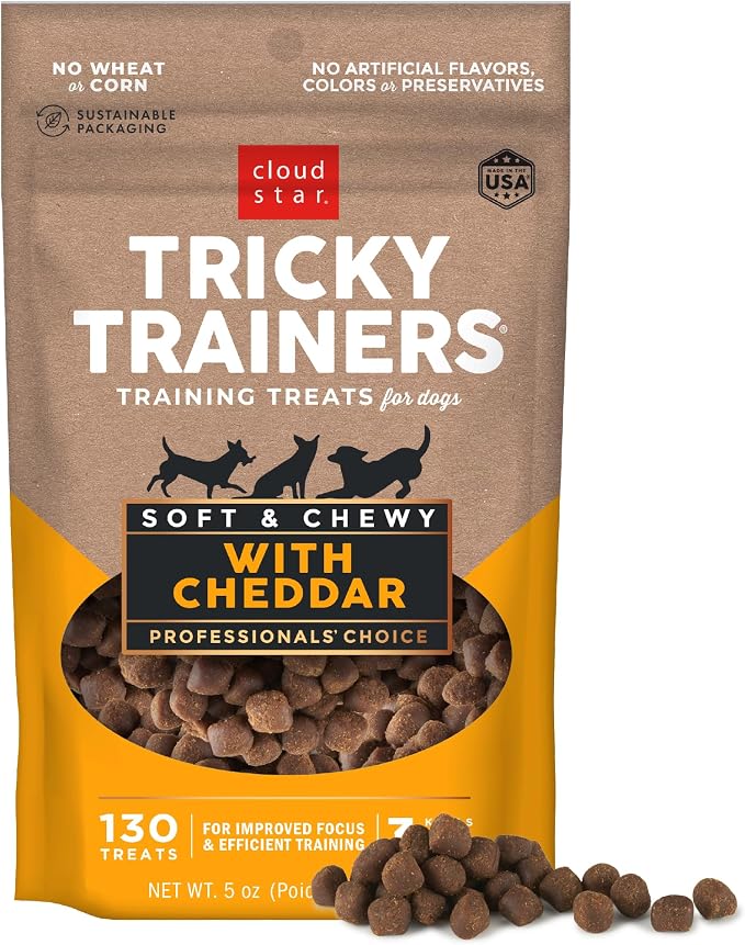 Cloud Star Tricky Trainers Soft Dog Treats, Cheddar, 5 oz, 130 Treats | For All Life Stages, Low Calorie Training Reward, Made with Cheddar Cheese, No Wheat or Corn, Free of Artificial Flavors