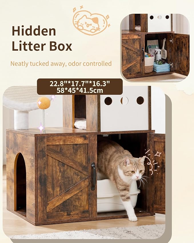 Heybly Cat Tree with Litter Box Enclosure, Modern 64" Hidden Tower HCT105SR | All-in-One Solid Wood Cat Condo for Indoor Cats with Paw-Shaped Board, Multi-Level Perch & Playzone, Rustic Brown