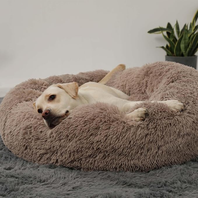 HACHIKITTY Calming Donut Cuddler Dog Bed, Round Fluffy Pet Bed with Sewn-in Cushion for Large Dogs,Washable, Taupe, XLarge 36''