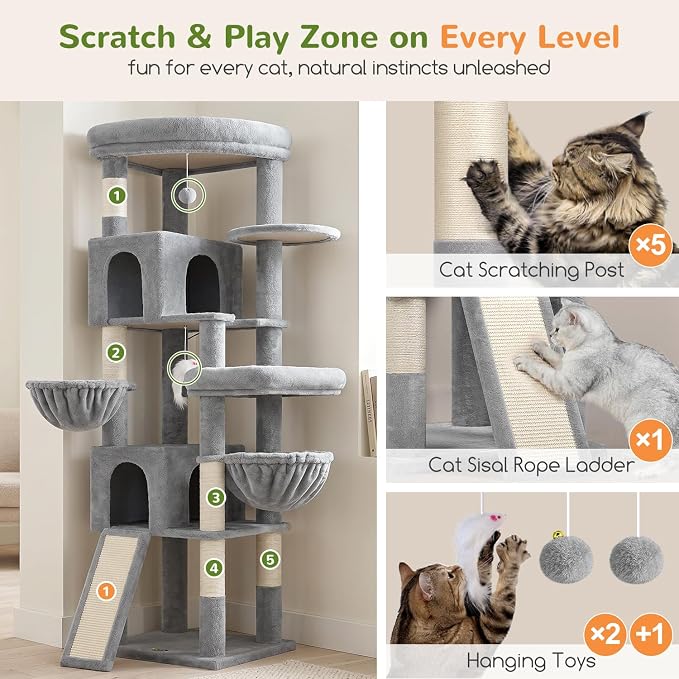 Globlazer Maine Coon Corner Cat Tree for Indoor Cats 74in, C74, Light Grey | Tall Heavy Duty Cat Tower for Large Multiple, 2 Big Platforms, 2 Extra Large Cat Condos, 2 Baskets, Sisal Scratching Board