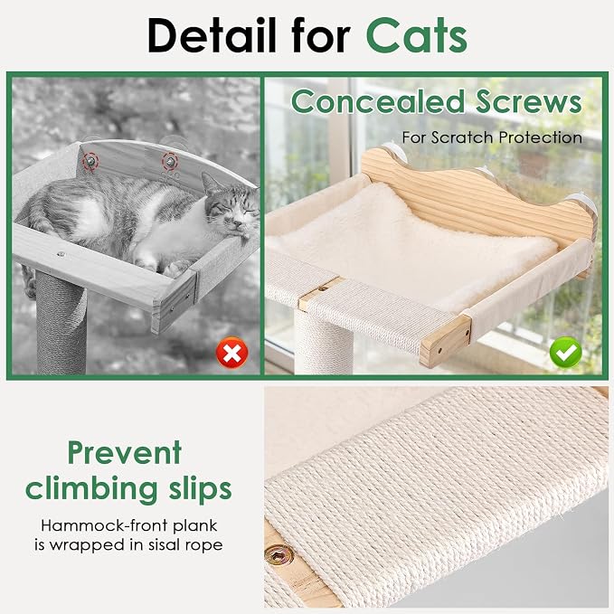 Cat Window Perch with Scratching Post, Hammock with Cushion | 44"/31"/18" Height Adjustable Sisal Cat Tree, 33lbs Capacity Perch for Indoor Cats Scratching & Watching Birds, Beige