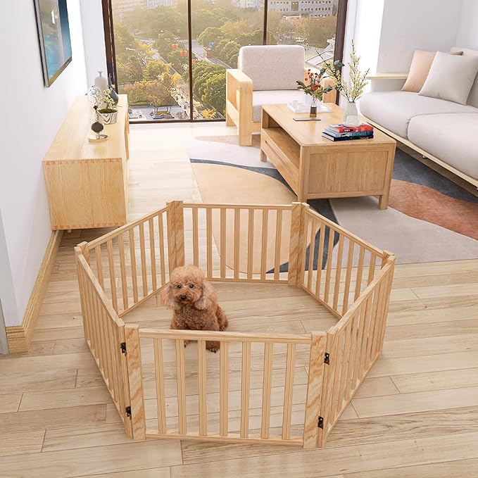 YOCAN Non-Painted Wooden Freestanding Dog Gates for The House,Doorways, Stairs,Wood Dog Fences Indoor Pet Gate,Step Over Fence-6 Panel H:16.9" L:138"