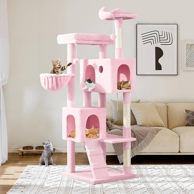 Allewie 64 Inches Multi-Level Cat Tree Tower for Indoor Cats Pink | Activity Center for Big Felines/2 Plush Condos/2 Perchs/Basket/House/Sisal Scratching Posts/Hanging Cat Toys
