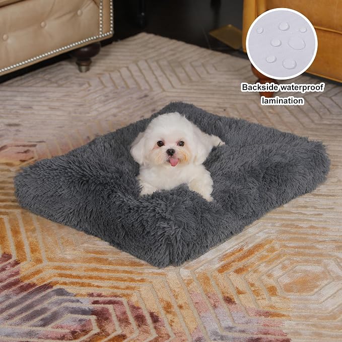 Bedfolks Waterproof Dog Crate Bed, Plush Dog Pad, 17"x12", Solid Dark Grey | Faux Fur Plush Cover, Zippered Removable Washable Outer, Waterproof Inner Lining, Non-Slip Base, Crate Pad and Dog Pillow