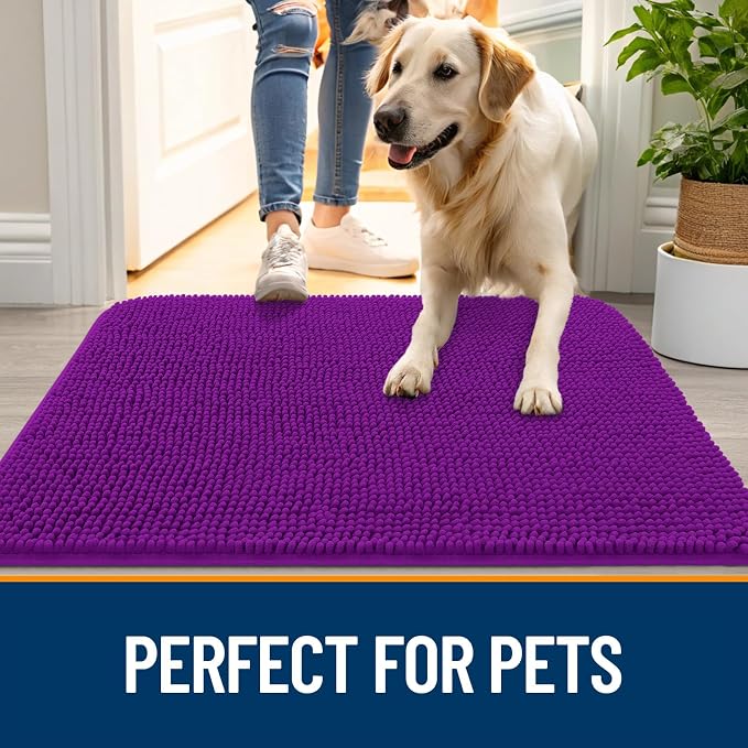 OLANLY Dog Door Mat for Muddy Paws 36x24, Super Absorbent Chenille Mud Mat | Purple, Absorbs Moisture and Dirt, Non-Slip Machine Washable Doormat, Quick-Drying Indoor Entryway Floor Carpet for Dogs