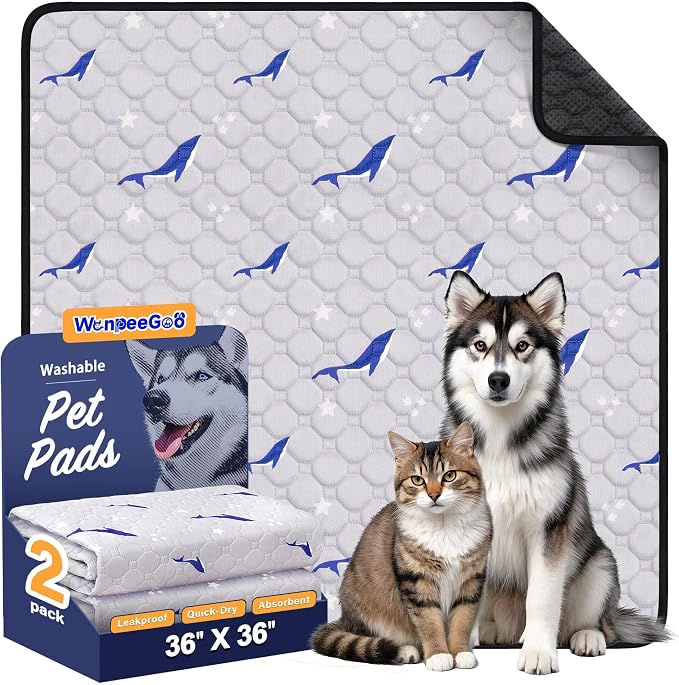 Washable Dog Pee Pads, Non-Slip Waterproof, 36 x 36 in, 2 Pack, Dolphin | Super absorbent, waterproof and non-slip; washable, reusable dog pads for crates, playpens, floors, furniture and travel