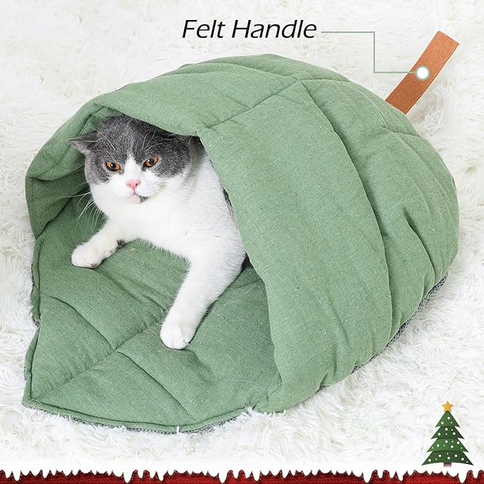 Cat Sleeping Bag Cave Bed with Non-Slip Bottom (Leaf Green) | Comfortable Linen Fabric, Non-stick Hair, Felt Handle, Washable, Suitable Size for Most Cats and Puppy, Durable Pet Nest