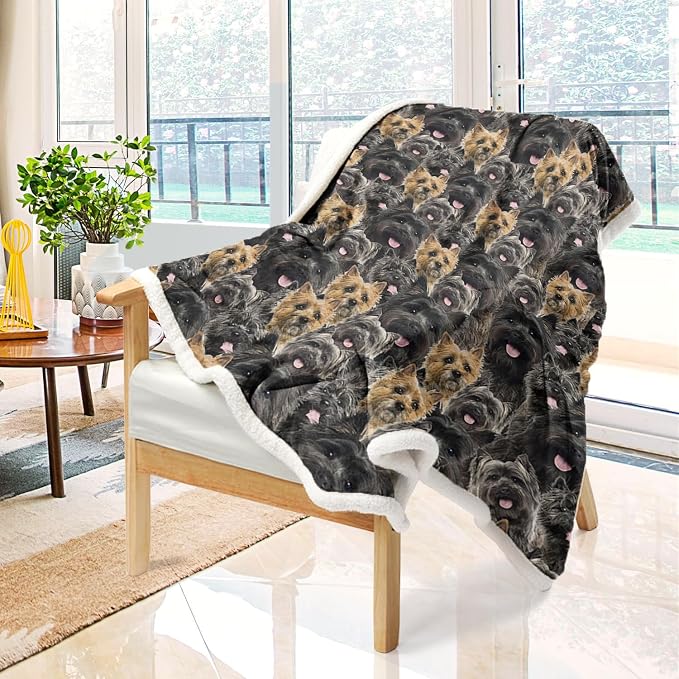 BlessLiving Fuzzy Dogs Blanket for Kids Adults Cute Puppy Fleece Blanket Reversible Animal Pattern Sherpa Throw (Cairn Terrier,Throw, 50 x 60 Inches)