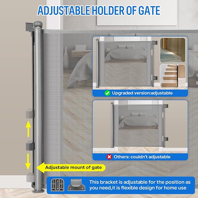 Retractable Baby Gate, Extra Wide Safety Kids or Pets Gate, 33” Tall, Extends to 55” Wide, Mesh Safety Dog Gate for Stairs, Indoor, Outdoor, Doorways, Hallways, Easy to Wipe(Grey)