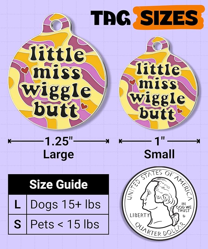 Bad Tags Personalized Dog and Cat ID Tags in 25+ Designs and 2 Sizes - 5 Lines of Custom Engraved Text - Funny Cute Personalized Pet Tags (Little Miss Wiggle Butt, Small (1 inch))